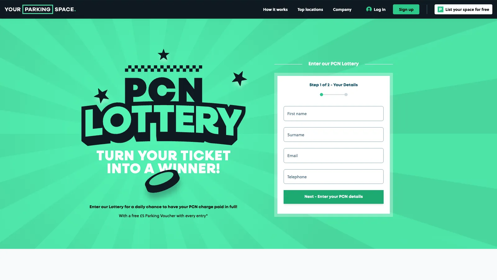 The PCN Lottery campaign site for YourParkingSpace